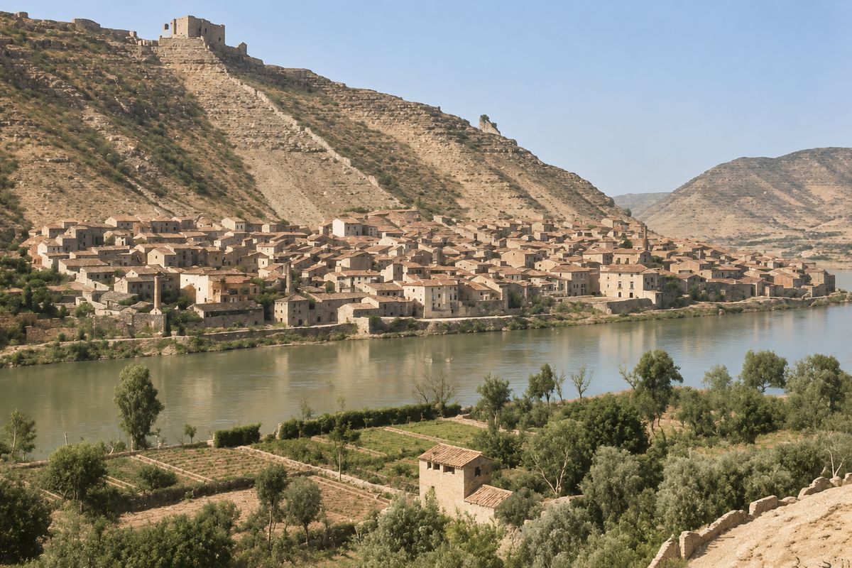 El caserío a la orilla del río, con una chimenea y la torre de la iglesia, bajo el cerro del castillo; en primer plano, huertas y una caseta.