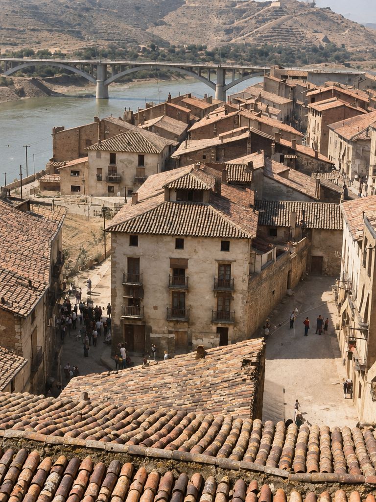 Desde un tejado: tejas en primer plano, un cruce de calles con una casa de esquina y personas, el río y el puente al fondo.
