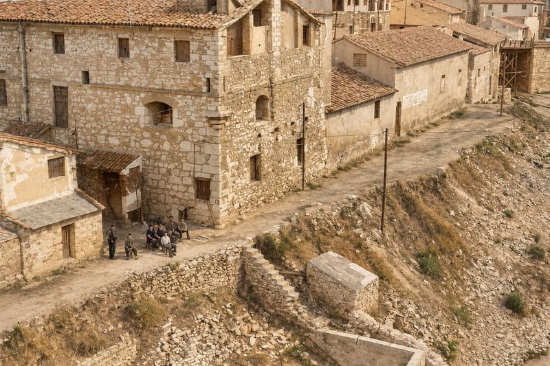 Vista desde arriba de una casa de sillarejo con ventana en arco, un camino de tierra con un grupo de hombres sentados y, debajo, un talud con una escalera.