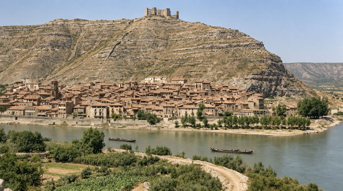 El caserío ocupa la orilla bajo el cerro rematado por el castillo; delante hay una alameda, dos llauts en el río y huertos con un camino en primer plano.