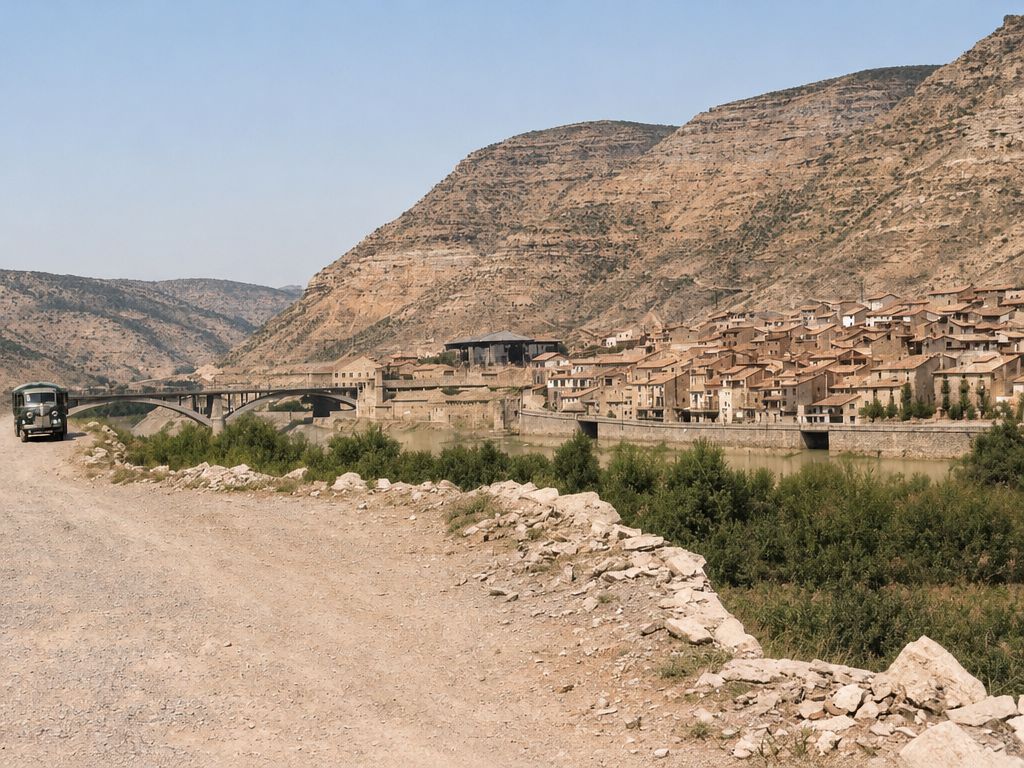 Camino de tierra con un camión antiguo hacia el puente de arcos; al otro lado, el pueblo sobre Lo Muro con el cerro detrás.