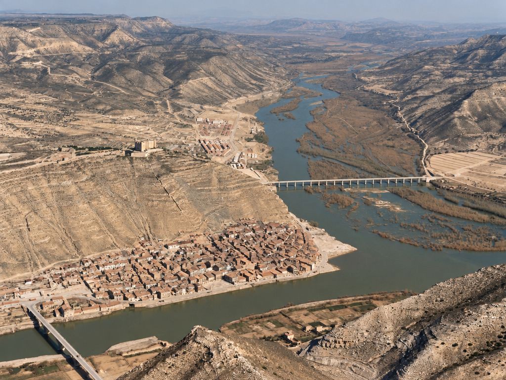 El caserío entero junto al río, con dos puentes, la confluencia de los ríos y, sobre el cerro, el castillo y bloques de viviendas nuevos.