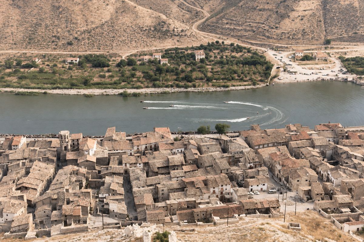 Tejados y torre de la iglesia vistos desde la ladera del castillo; en el río, lanchas con sus estelas en una carrera, y al otro lado una isla de huertas.