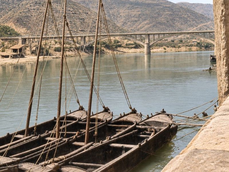 Tres llauts de vela amarrados en primer plano junto a un muro de sillería, con el río ancho, una casita en la orilla opuesta y el puente de arcos al fondo.