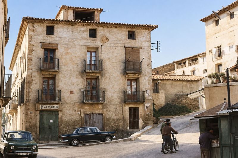 Una casa alta con solana, balcones de forja y el rótulo Farmacia, en una plaza con quiosco, dos coches y dos chicos con un ciclomotor.