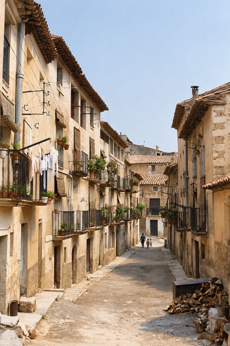 Calle recta en ligera pendiente entre casas con balcones de forja, macetas y ropa tendida; al fondo, tres figuras pequeñas y, a la derecha, un montón de leña.