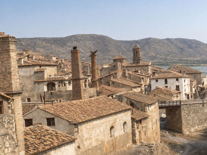 Naves de tejado a dos aguas, dos chimeneas de fábrica, una con nido, la torre octogonal del campanario y una pasarela con barandilla sobre la calle hundida.