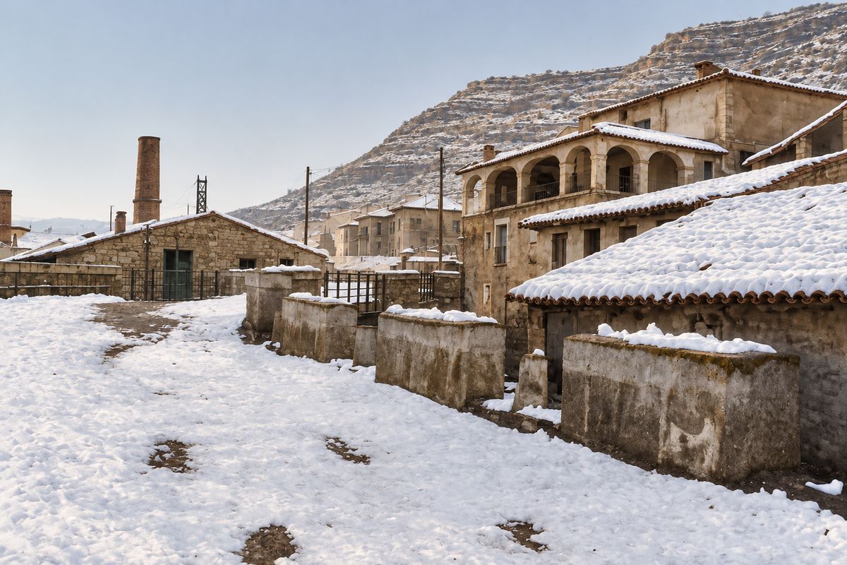 Una nave de piedra con chimenea y torre de celosía junto a una casa con galería de arcos, bajo la nieve; en primer plano, pilas de piedra y huellas en el suelo nevado.