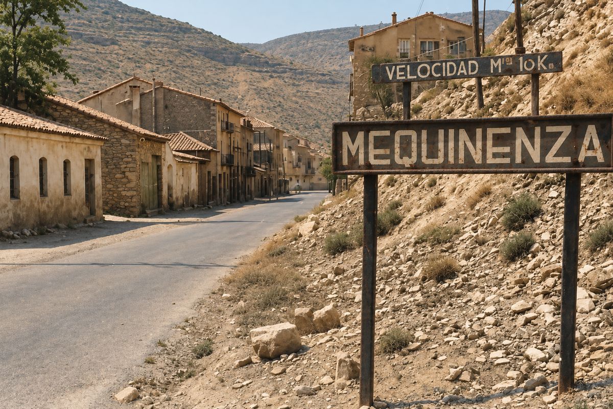 Carretera de tierra que entra al pueblo, con el cartel de Mequinenza y otro de velocidad sobre un talud de piedras, casas bajas a la izquierda y un cerro abancalado detrás.