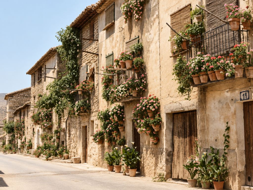 Fachadas de mampostería con balcones de forja, persianas de caña, macetas y enredaderas a lo largo de una calle; a la derecha, un portal con el número 19.