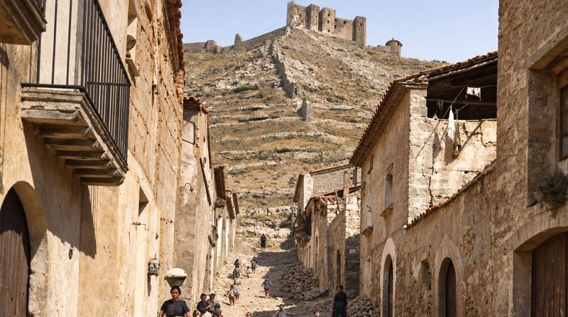 Una calle empedrada sube entre casas de piedra con un balcón de madera, portales en arco y ropa tendida hacia la muralla y el castillo del cerro; una mujer lleva un cesto en la cabeza.