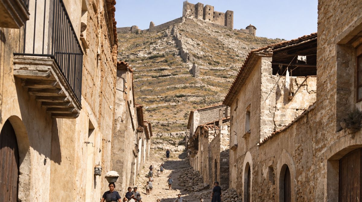 Una calle empedrada sube entre casas de piedra con un balcón de madera, portales en arco y ropa tendida hacia la muralla y el castillo del cerro; una mujer lleva un cesto en la cabeza.