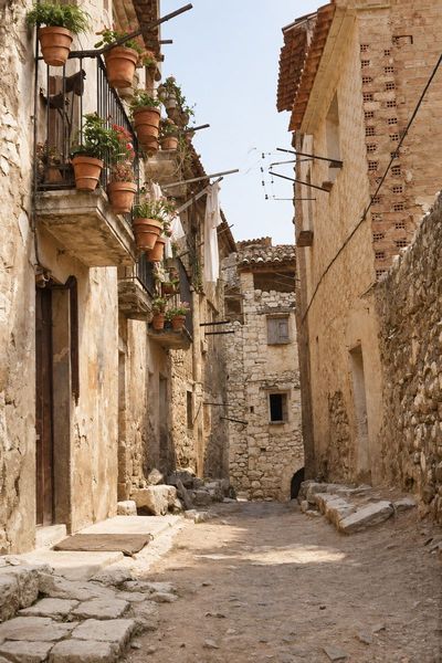 Callejón de tierra con umbrales de piedra, balcones con macetas y ropa tendida a la izquierda, y al fondo una casa de mampostería que cierra la calle.