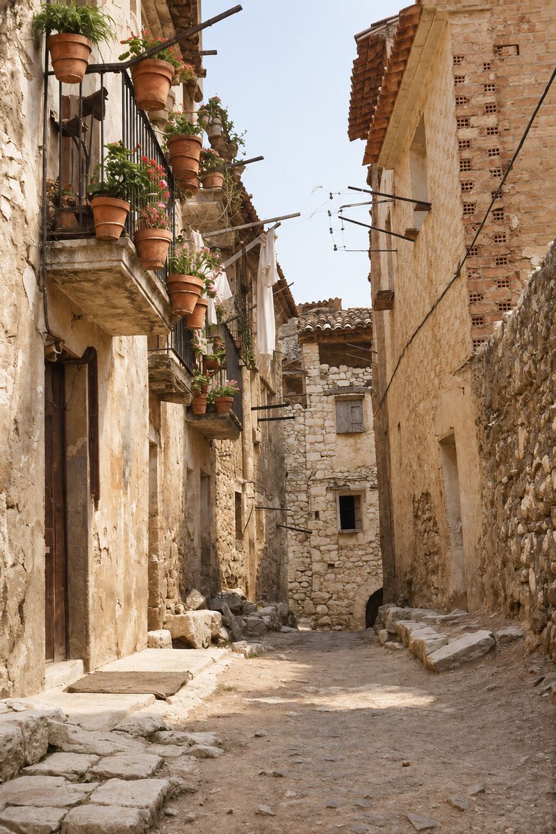 Callejón de tierra con umbrales de piedra, balcones con macetas y ropa tendida a la izquierda, y al fondo una casa de mampostería que cierra la calle.