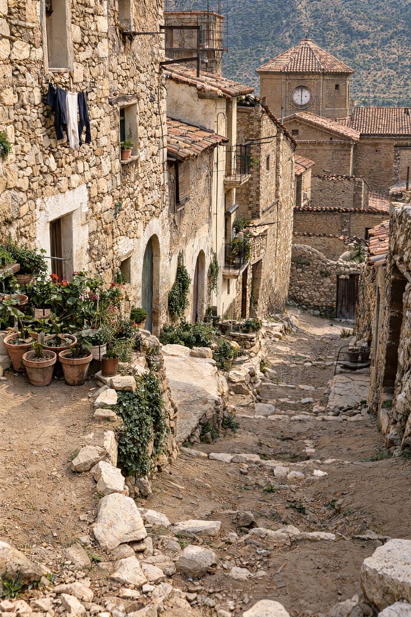 Callejón de piedra en escalera, con macetas delante de las casas, ropa tendida y una torre con reloj al fondo.