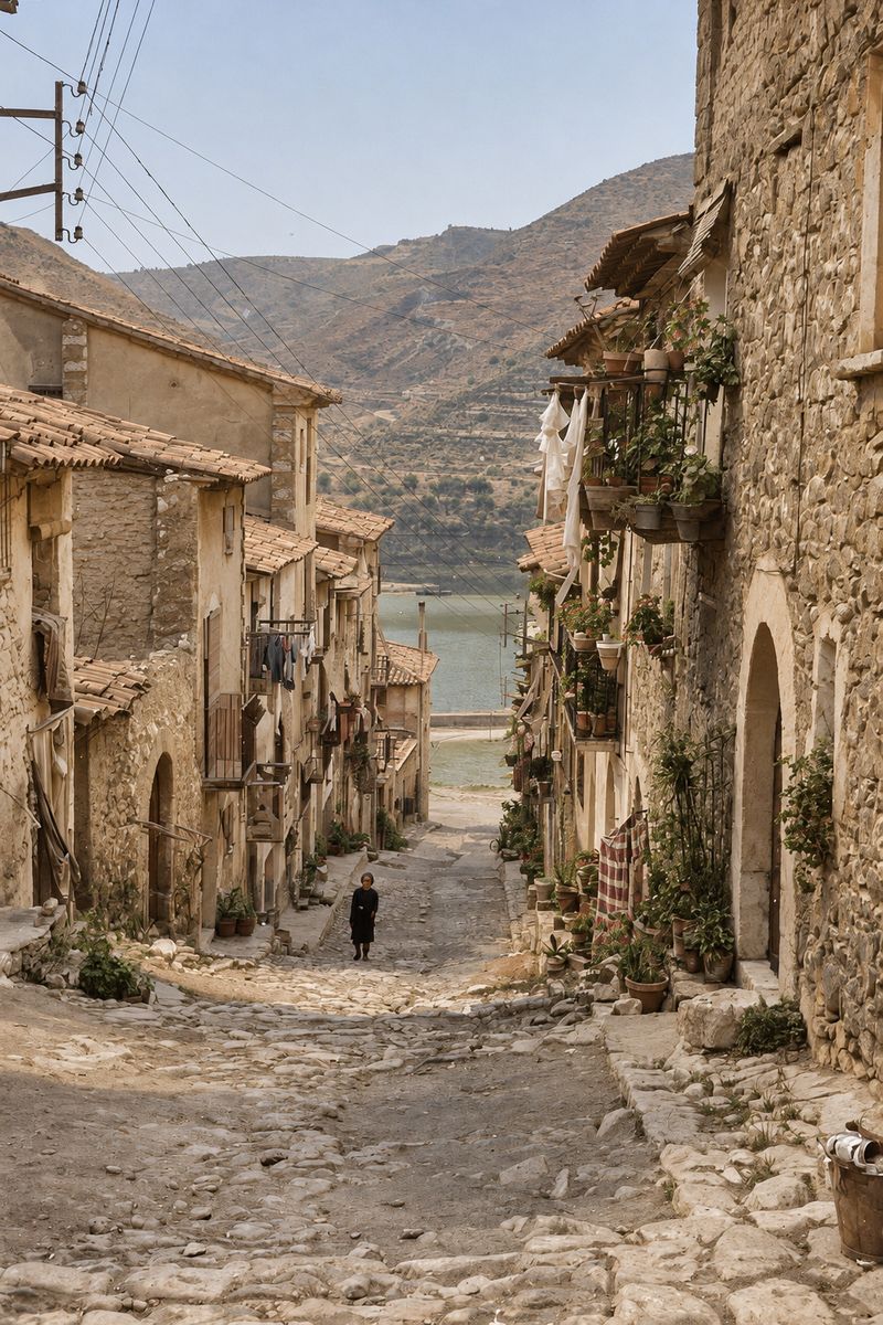 Calle empedrada y recta que baja hasta el agua entre casas con portales de arco, balcones con macetas y ropa tendida; una mujer vestida de negro camina lejos.