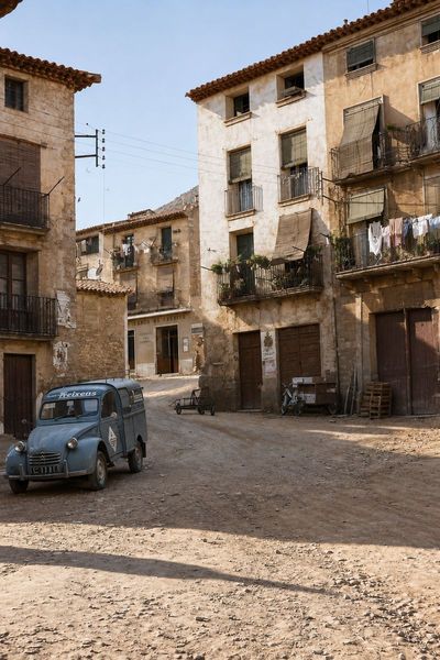 Una plaza empedrada con una furgoneta 2CV de reparto, casas con balcones de forja, ropa tendida y toldos de caña; sin gente a la vista.