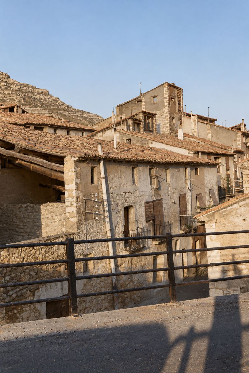 Casas de mampostería de dos a cuatro plantas con tejados de teja, un balcón de forja y postes con aisladores, bajo un cerro y vistas tras una barandilla.