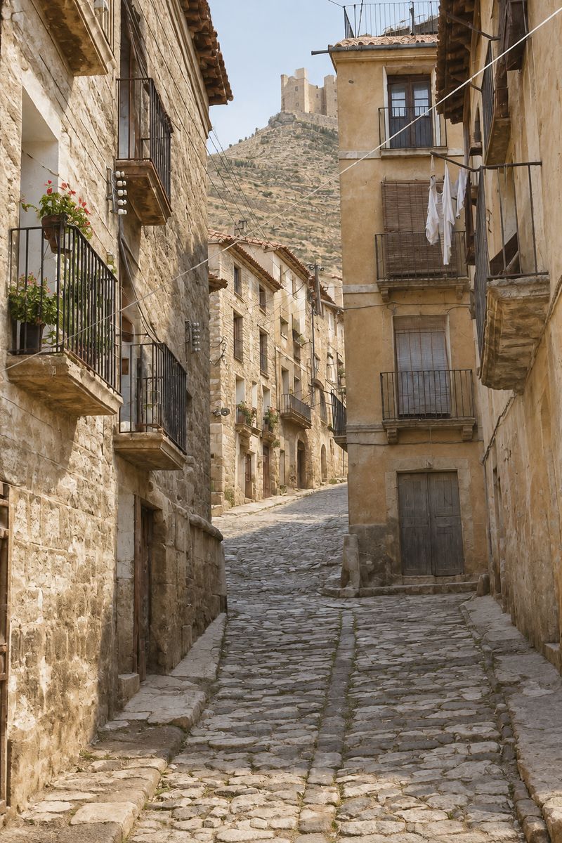 Calle estrecha de cantos rodados con cuneta central entre casas de tres y cuatro plantas con balcones y ropa tendida; al fondo, el cerro con el castillo.