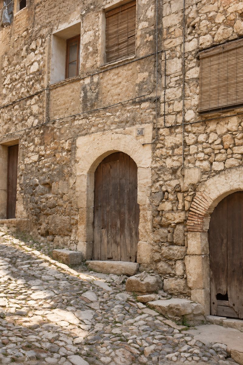 Portal de medio punto con dovelas y puerta de madera, con el número 51 sobre el arco, en una fachada de mampostería sobre una calle de canto rodado en cuesta.