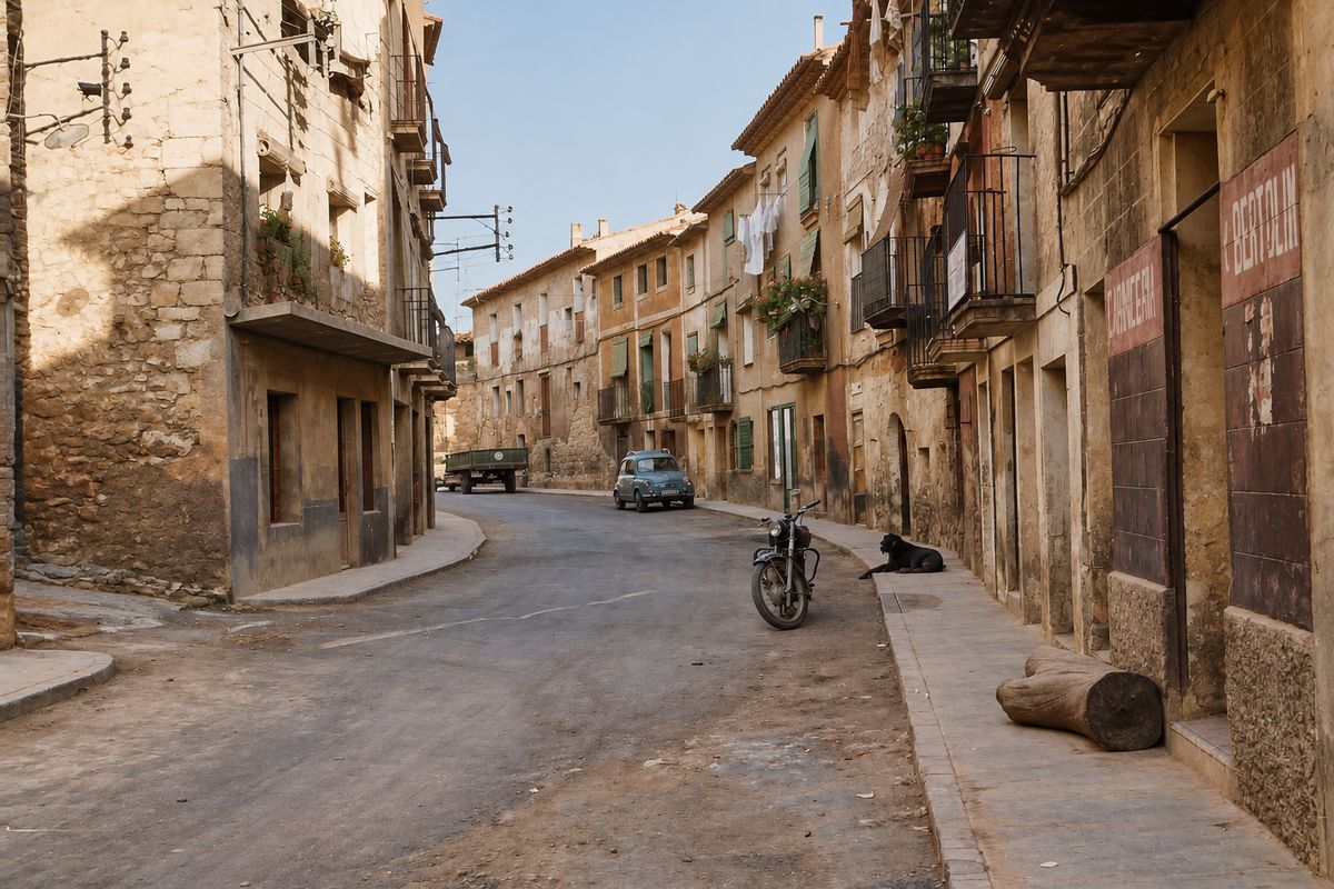 Calle ancha que se curva entre casas de mampostería con rótulos pintados, un Seat 600, una moto, un tronco en la acera y un perro tumbado.
