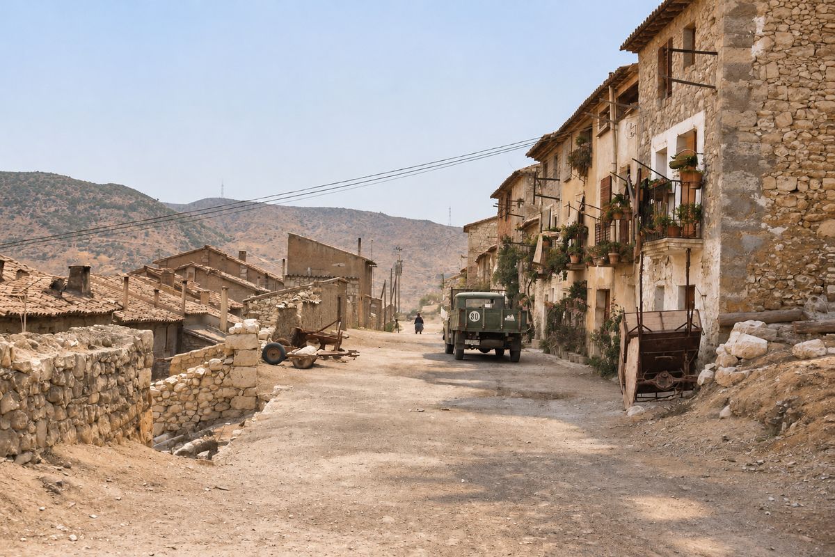 Una calle ancha de tierra baja entre un muro de piedra y casas con balcones y parras, con tejados a la izquierda, un camión y una persona lejos, y montes al fondo.