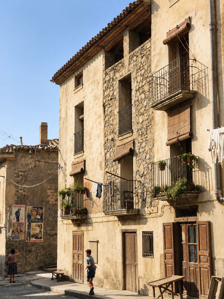 Fachada de cuatro plantas con paño de mampostería, balcones de forja y alero, junto a un muro con carteles de cine; un niño camina por la calle.