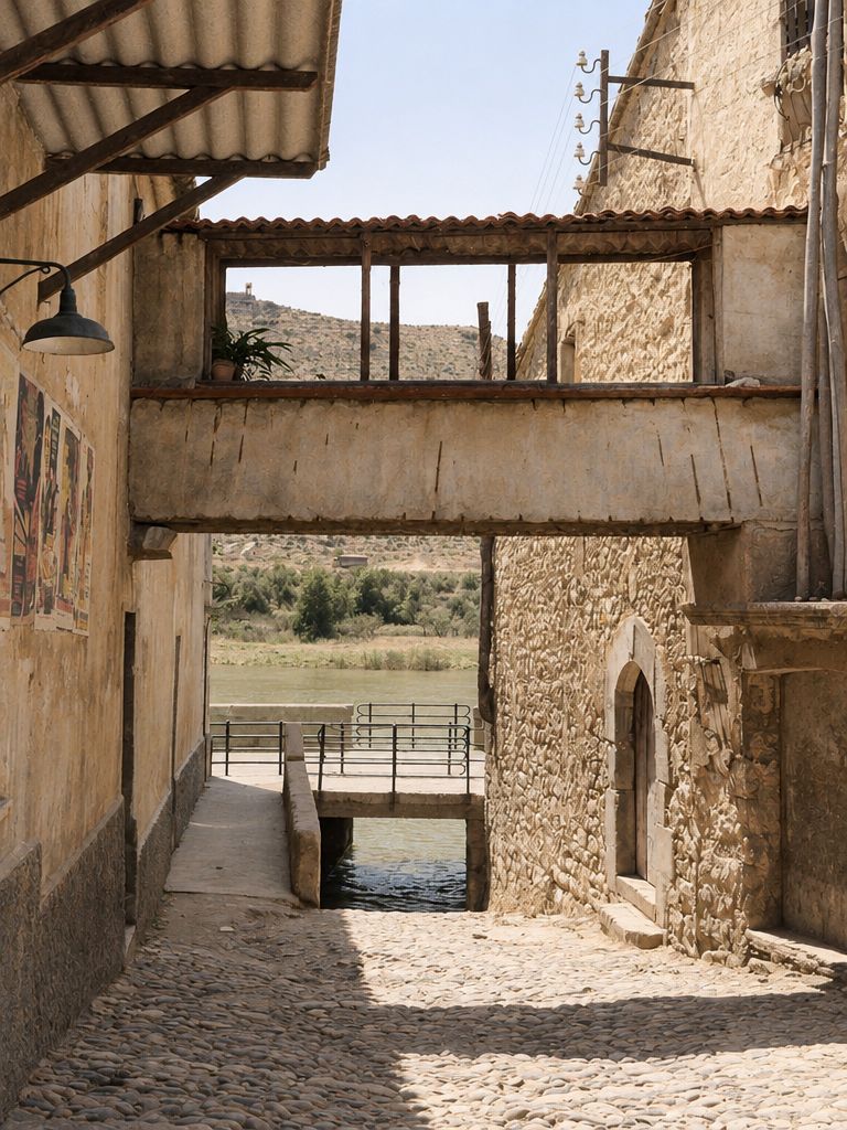 Un pasadizo cubierto de vigas y tejado une dos casas sobre un callejón empedrado que baja a una pasarela; al fondo, huertas y un monte abancalado.