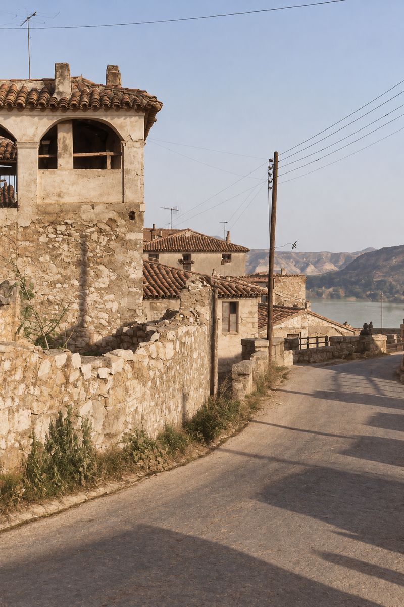 Una calle baja en curva junto a un muro de piedra, con una casa de solana de arcos y tejado de teja a la izquierda, postes con cables y el río al fondo.