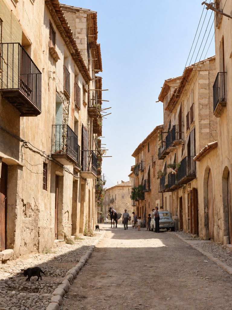 Una calle recta de casas con balcones de forja y portales de arco, con un jinete y algunos vecinos lejos y un gran edificio que cierra la vista al fondo.