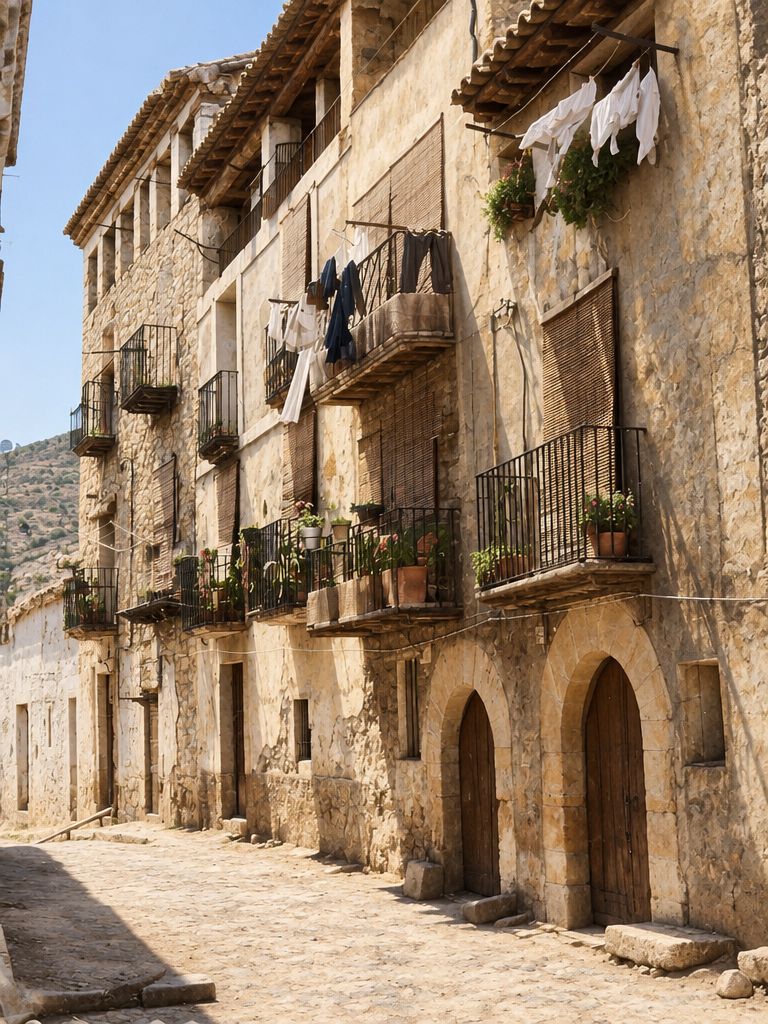 Fachadas de tres y cuatro plantas con dos portales de medio punto, balcones de forja con macetas, ropa tendida y revoco desconchado sobre una calle estrecha.