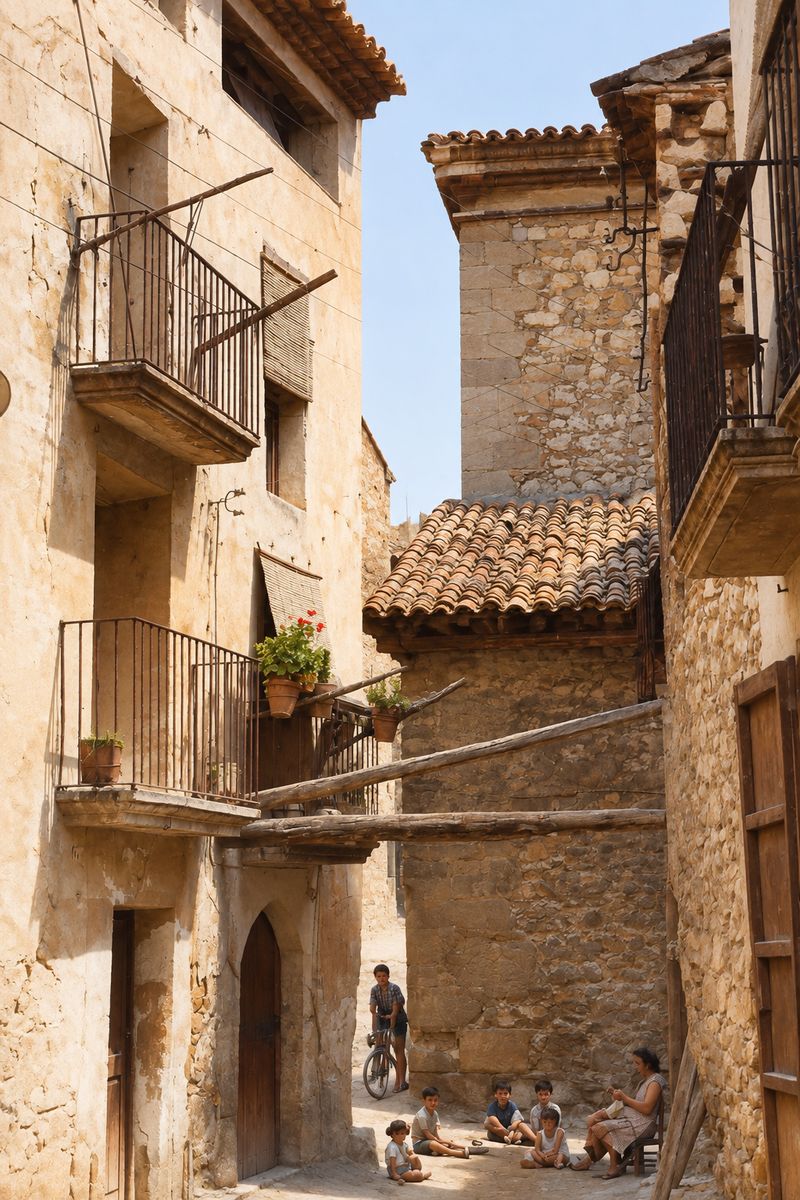 Callejón con una casa encalada de balcones y puerta de arco apuntado; dos vigas de madera cruzan hasta un edificio de sillares y unos niños juegan al fondo.
