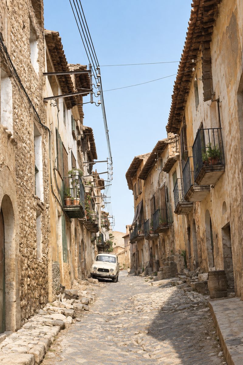 Una calle larga y recta en cuesta, empedrada, entre casas de tres y cuatro plantas con balcones, aleros y un arco, con cables sobre la calle y un Renault 4 aparcado al fondo.