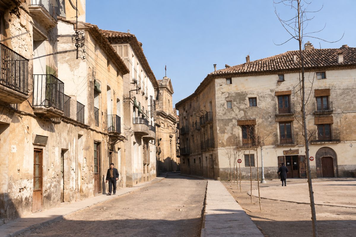 Una esquina de la plaza con un caserón de balcones y, a la izquierda, una calle que lleva a la fachada de la iglesia, con un hombre caminando.