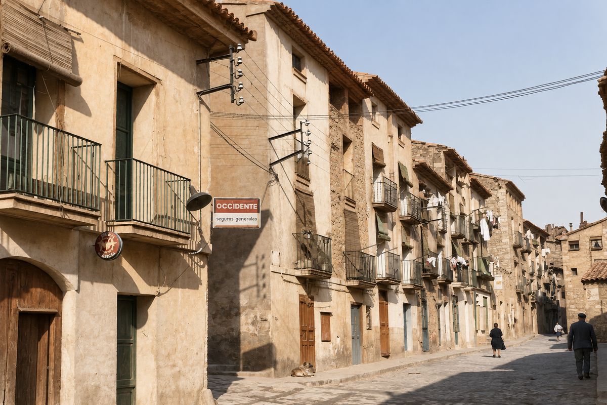 Calle recta con una fila continua de casas de aleros volados y balcones de forja, un letrero de seguros en la esquina y varias personas que caminan.