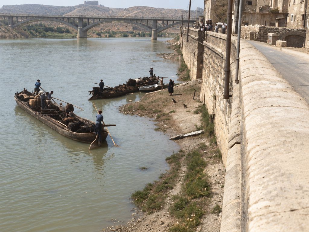 El muro de sillería desciende hasta una playa de grava donde hay llauts cargados con barqueros de pértiga; al fondo se ve el puente y, en lo alto del muro, algunas personas.