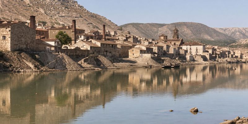 Las casas de la orilla con tres chimeneas altas y la torre de la iglesia se reflejan en el agua en calma; delante, un talud de tierra y una piedra en el río.
