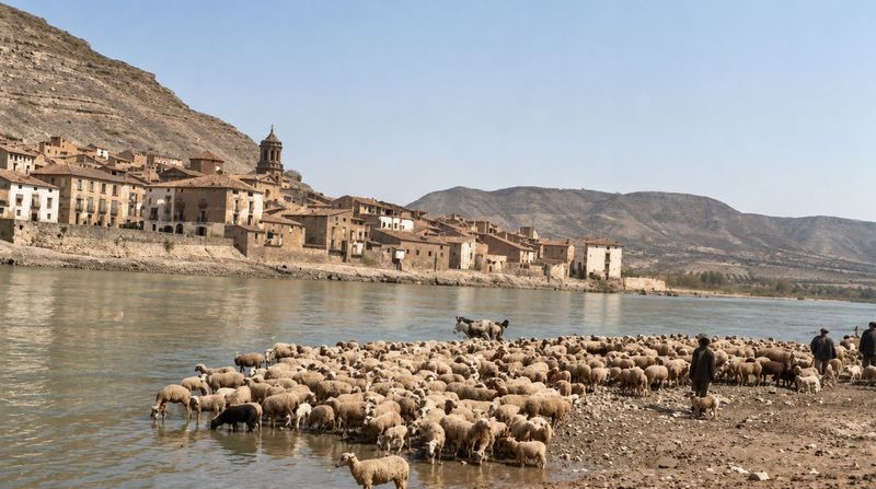 Un rebaño de ovejas bebe en la orilla del río, con tres pastores y un perro; al otro lado, el frente del pueblo con el campanario y el monte detrás.