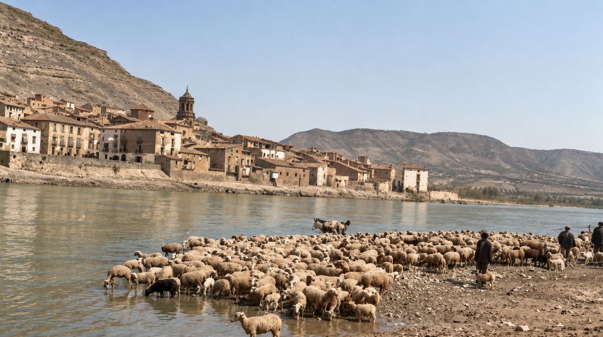 Un rebaño de ovejas bebe en la orilla del río, con tres pastores y un perro; al otro lado, el frente del pueblo con el campanario y el monte detrás.