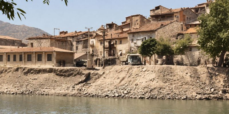 Una nave larga a la izquierda y casas escalonadas sobre un talud de tierra, con camiones y postes junto a los edificios y un árbol grande a la derecha; el río ocupa la parte baja.