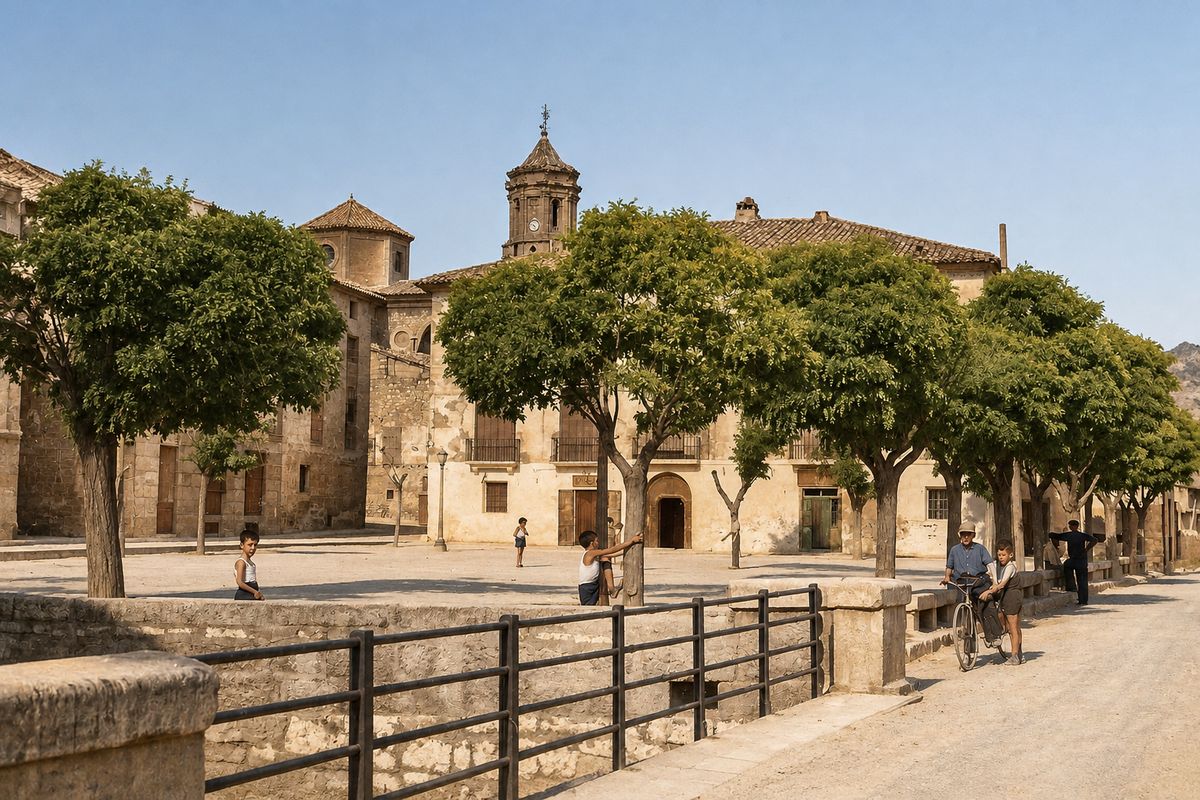 Una plaza arbolada con pretil de sillería y barandilla, un caserón blanco, el campanario con su cimborrio, y niños y un ciclista en primer plano.