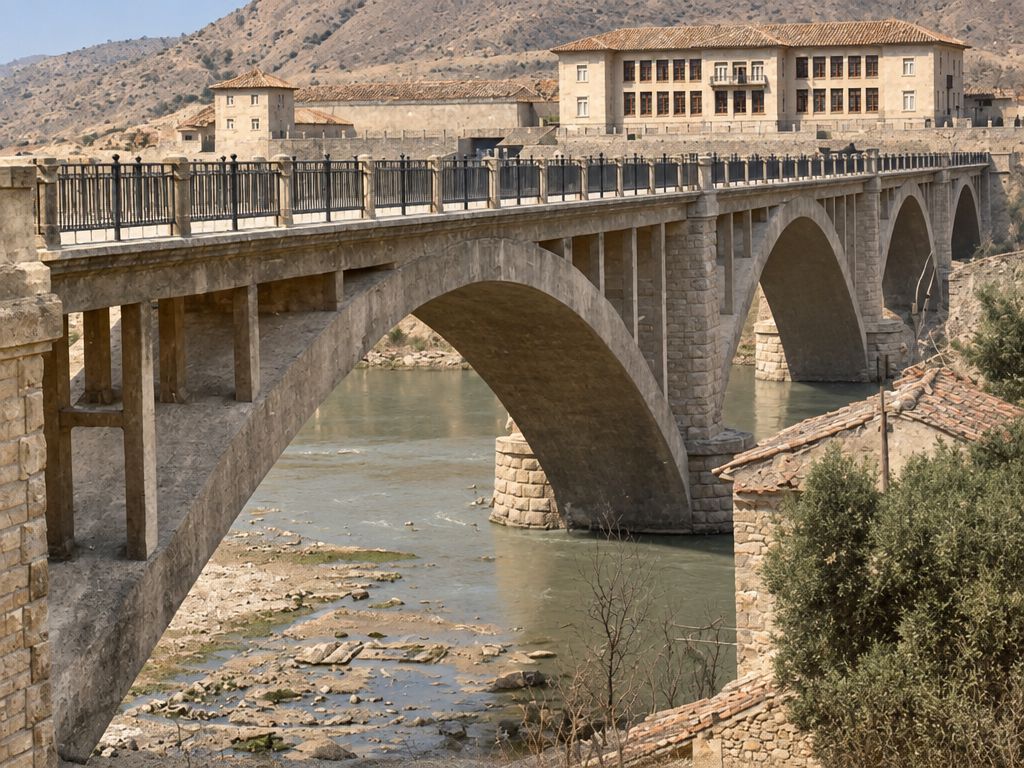 El puente de arcos de hormigón visto en escorzo desde un extremo, con su barandilla de hierro y, al fondo, el edificio del Grupo Escolar.