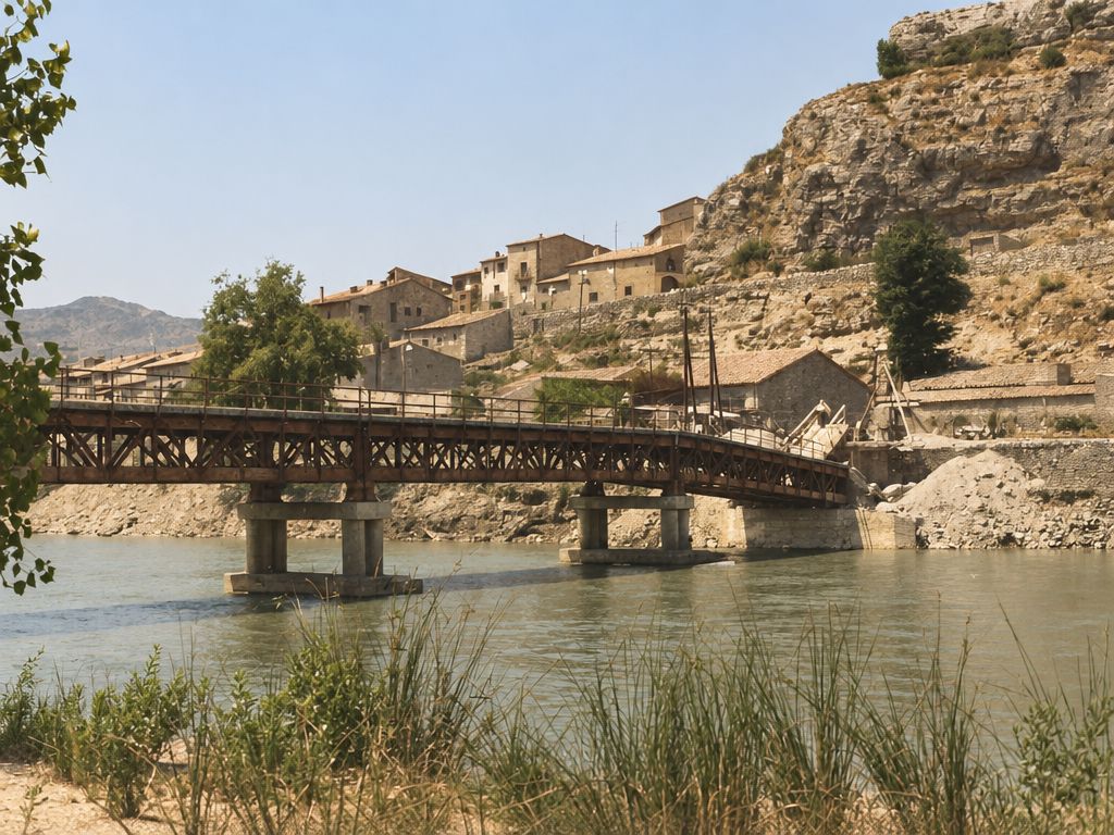 Puente metálico de celosía sobre pilas de hormigón, con casas escalonadas bajo el peñasco, un almacén y una escalera junto al estribo.