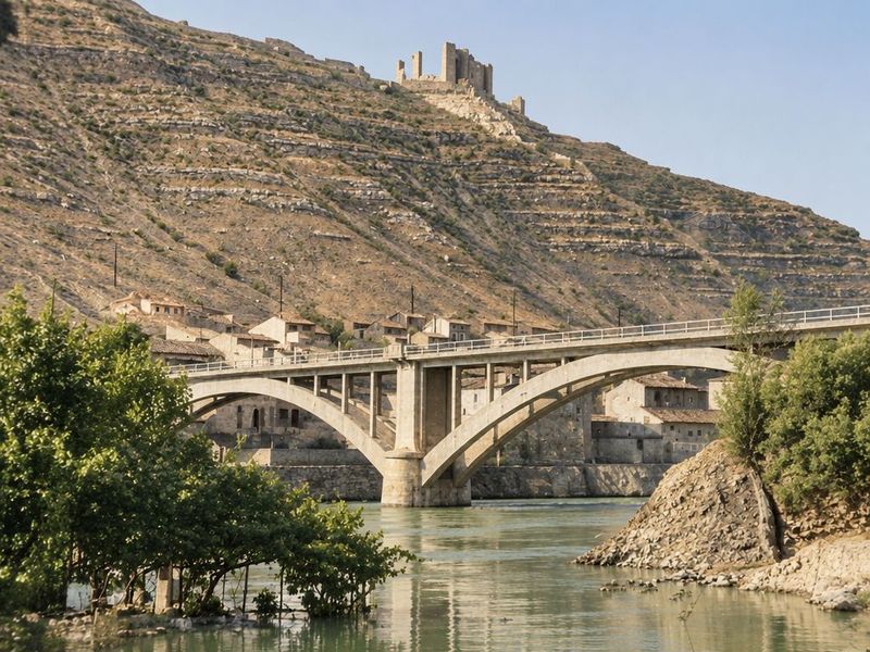 El puente de dos arcos sobre el río visto entre follaje, con casas bajo la ladera de bancales y el castillo en lo alto del cerro.