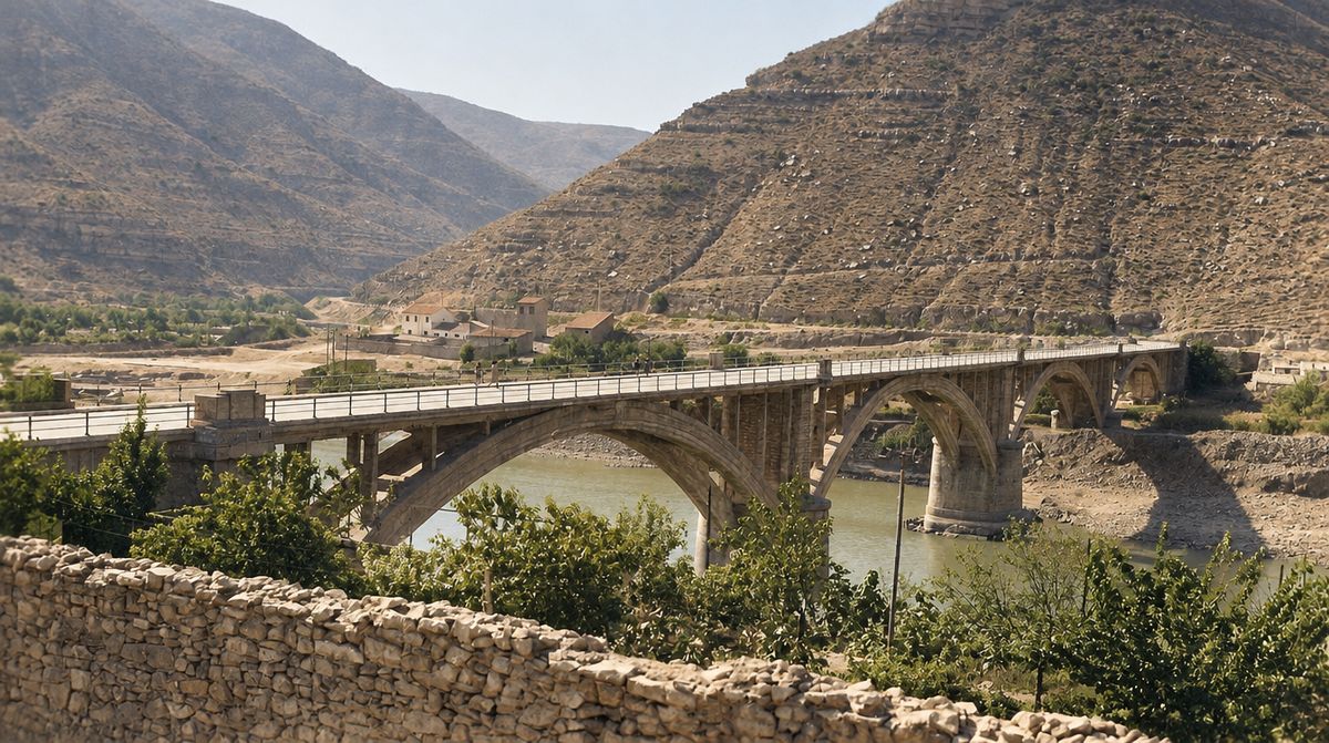El puente de arcos de hormigón visto desde una ladera, con un muro de piedra seca y frutales en primer plano y unos edificios al fondo, junto al río.