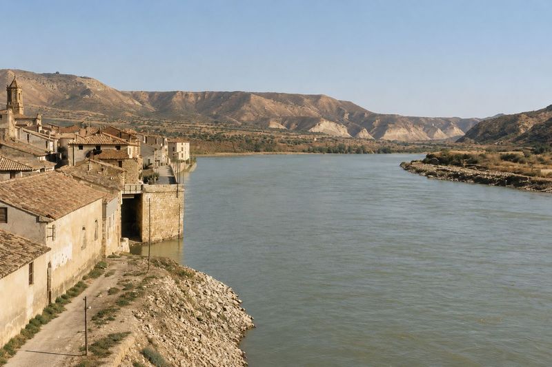 Tejados y una calle encalada sobre una escollera de piedra; el muro arranca con un paso cubierto junto a una torre de sillería, y el río se abre hacia los cerros del fondo.