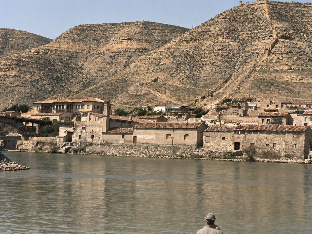 Casas y naves al borde del agua bajo el cerro, con un edificio de galería y torre a la izquierda y una nave de ventanas en arco; abajo asoma un hombre con sombrero.