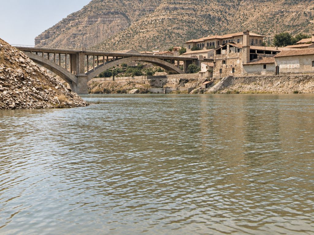 El puente de arco rebajado visto desde el agua, con el conjunto de edificios de la ribera, un montón de escombro a la izquierda y el monte detrás.