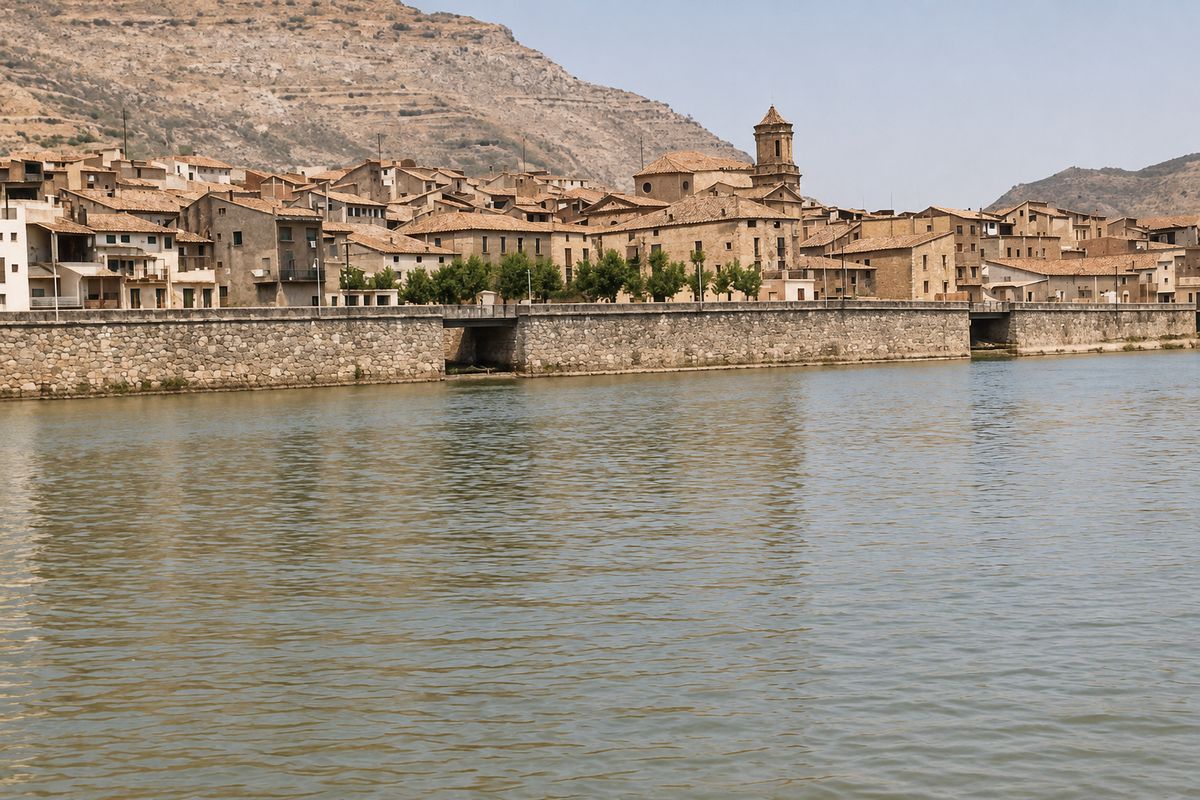 Un muro de sillería con dos desagües en arco recorre el frente del caserío; detrás hay casas, una hilera de árboles y la iglesia con su campanario bajo el cerro abancalado.