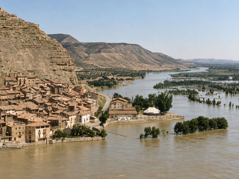 Casas escalonadas junto al agua de una riada, con un recinto con carpa, arboledas anegadas y, a la derecha, el río ensanchado entre campos inundados.